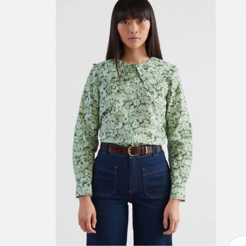 & Other Stories Women’s Green & White Floral Collared Cotton Blouse Sz